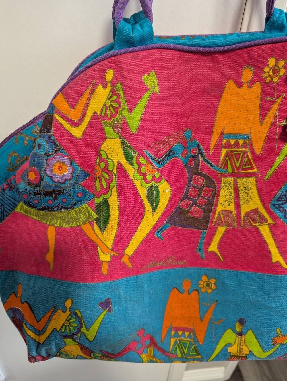 90s Laurel Burch multicolor dancing people large duffle overnight beach bag - Picture 4 of 10